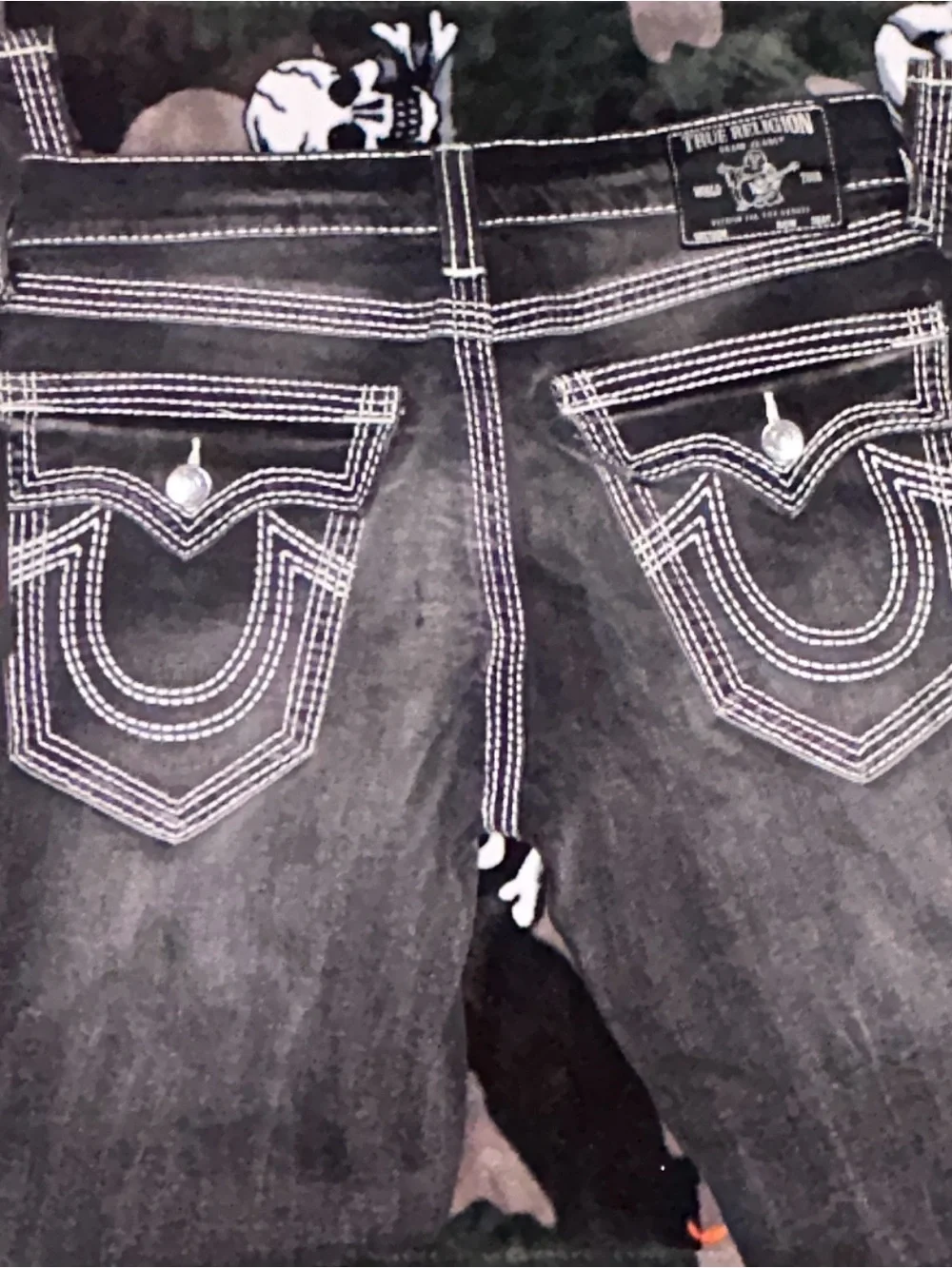 True Religion Men’s Black Denim Bootcut Jeans with White Stitching